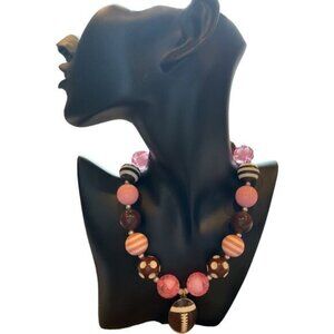 Chunky Beaded Pink & Brown Necklace With Football Pendant